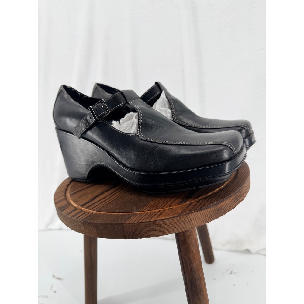 Vintage Y2K Black Leather T-Strap Platform Wedge Mary Jane 9.5 Square Toe Shoes